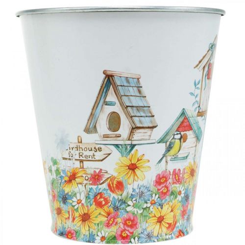 Artikel Metalkrukke med motiv, plantekasse med fuglehuse, blikspand H13cm Ø11,5cm