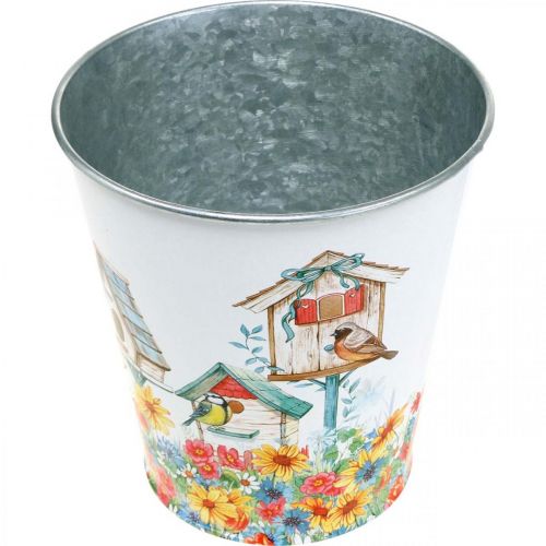 Artikel Metalkrukke med motiv, plantekasse med fuglehuse, blikspand H13cm Ø11,5cm