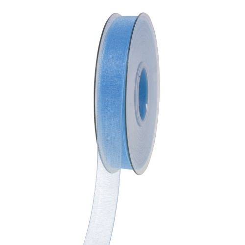Organza bånd gavebånd lyseblåt bånd blå kant 15mm 50m