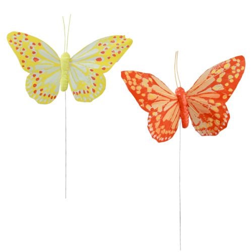 Dekorative sommerfugle på trådfjer orange gul 7×11cm 12stk
