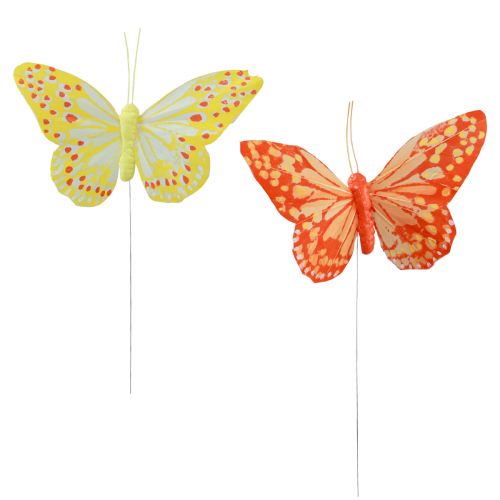 Artikel Dekorative sommerfugle på trådfjer orange gul 7×11cm 12 stk