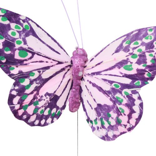 Artikel Dekorative sommerfugle på trådfjer lilla pink 7×10cm 12 stk.