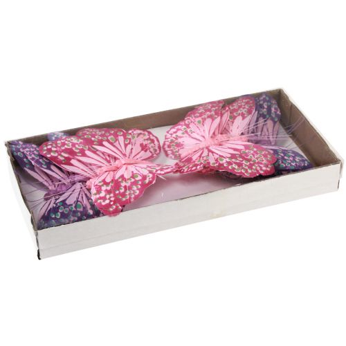 Artikel Dekorative sommerfugle på trådfjer lilla pink 7×10cm 12 stk.