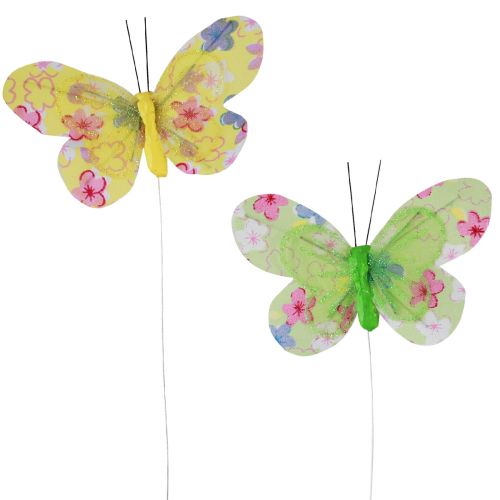 Floristik24 Dekorative sommerfugle på tråd gulgrønne blomster 6×9cm 12stk