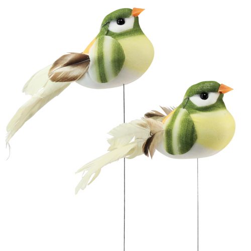 Fjer fugl på tråd dekorativ fugl med fjer grøn orange 4cm 12stk