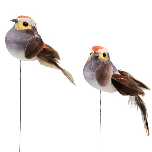 Fjer fugl på tråd dekorativ fugl med fjer grå 4cm 12stk