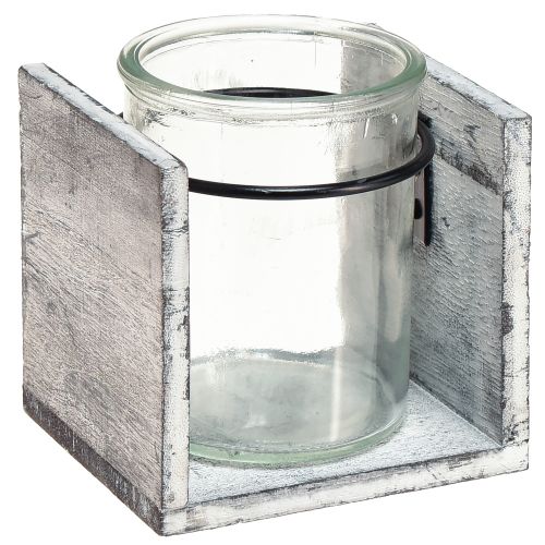 Artikel Fyrfadsstage af glas i rustik træramme - grå-hvid, 10x9x10cm - charmerende borddekoration 3 stk.