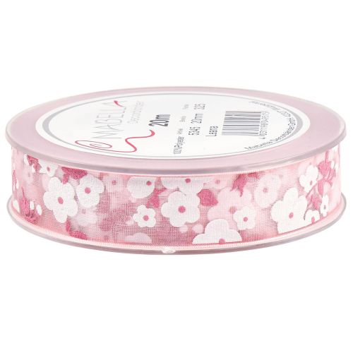 Artikel Organza bånd pink med blomster gavebånd 20mm 20m