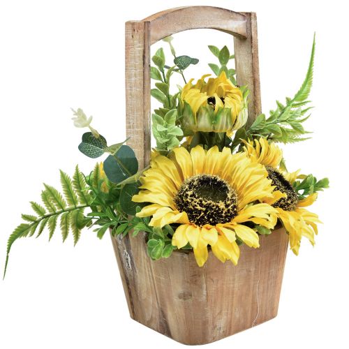 Artikel Solsikke kunstigt blomsterarrangement i en trækrukke H31cm