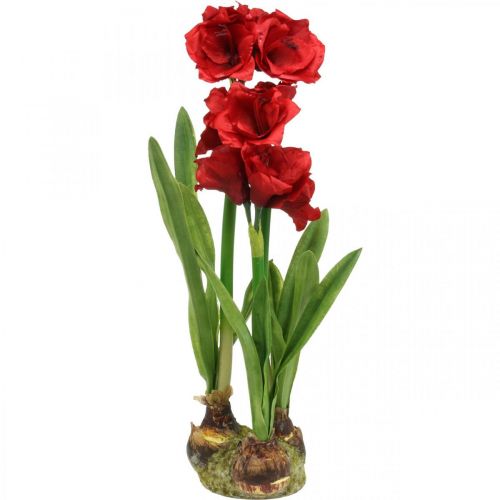 Kunstig amaryllisrød 3 silkeblomster på moskugler H64cm