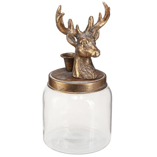 Artikel Antik lysestage glas hjortehoved guld metal 26cm