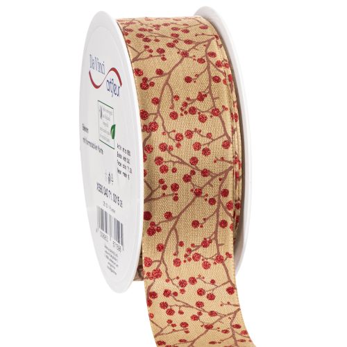 Dekorative båndgrene med røde glitterbær, 40 mm x 15 m