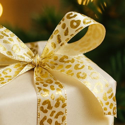 Artikel Bånd Leopardprint Silkebånd Creme Guld 15mm 18m