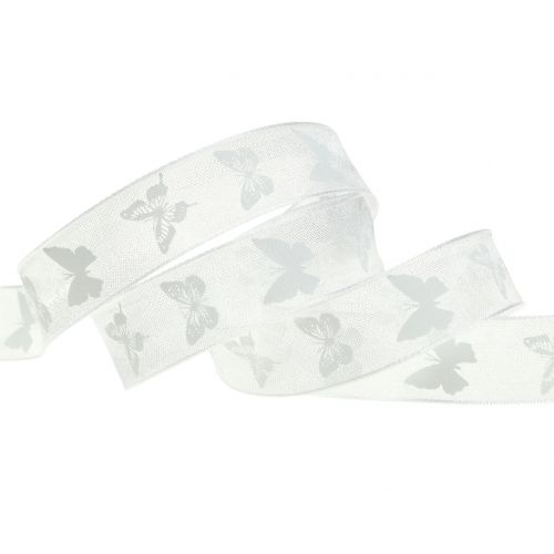 Floristik24 Organza bånd sommerfugl hvid 15mm 20m