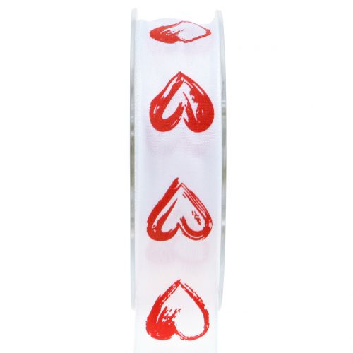 Floristik24 Dekorationsbånd hvid med røde hjerter 25mm 15m