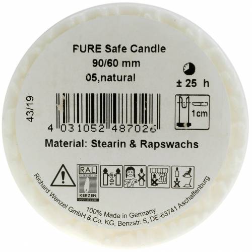 Artikel PURE Nature Safe Candle søjle lys stearin, raps voks 90/60mm hvid 1 stk.