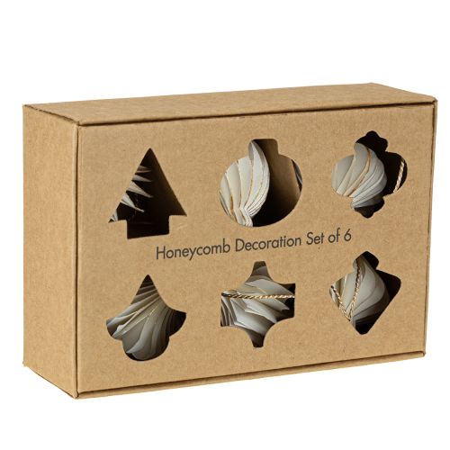 Artikel Papir juletræspynt, honeycomb papir, hvid og guld, 4 cm, 6 stk.