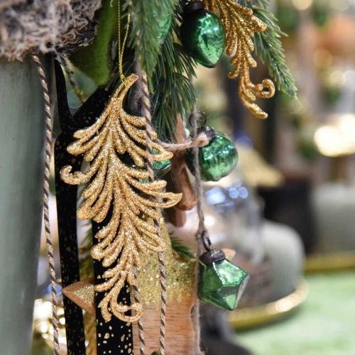Artikel Trævedhæng med glitter, dekorative fjer til ophæng, julepynt gylden L16cm 6 stk.