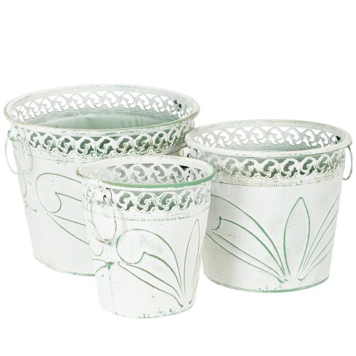 Floristik24 Præget metalplantekasse med håndtag, hvid og grøn, shabby chic stil, H22/19,5/17,5 cm, Ø25,5/20,5/15,5 cm, sæt med 3 stk.