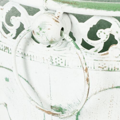 Artikel Præget metalplantekasse med håndtag, hvid og grøn, shabby chic stil, H22/19,5/17,5 cm, Ø25,5/20,5/15,5 cm, sæt med 3 stk.