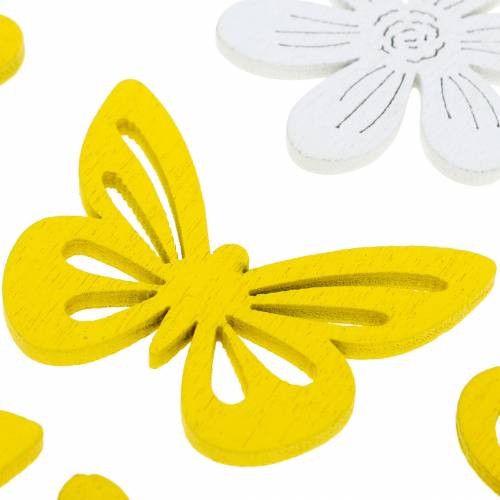 Artikel Blomster og sommerfugle til spredning gul, hvid træspredningsdekoration forårsdekoration 72 stk.