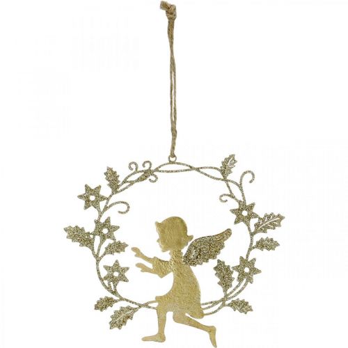 Artikel Englekrans, julepynt, engel til at hænge, metal vedhæng Gylden H14cm B15.5