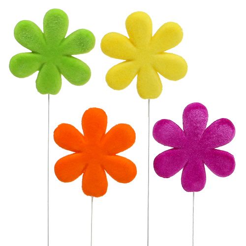 Artikel Blomster studs farverige flokede Ø8.5cm 8stk