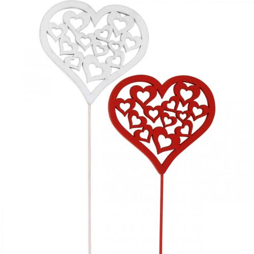 Artikel Blomsterprop hjerte rødt, hvidt pyntestik Valentinsdag 7cm 12stk