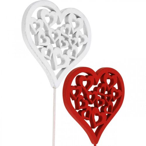 Artikel Blomsterprop hjerte rødt, hvidt pyntestik Valentinsdag 7cm 12stk
