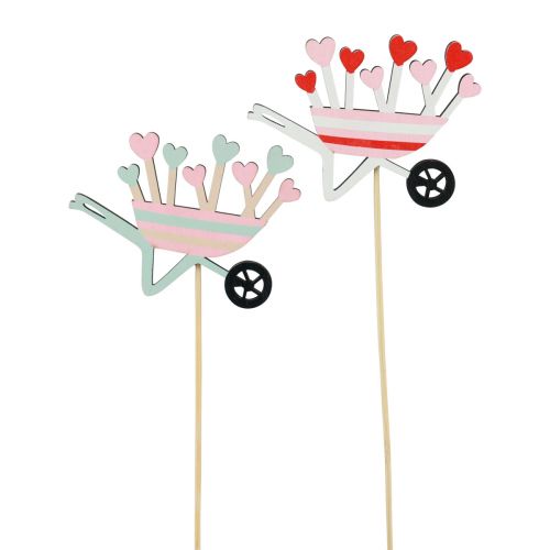 Artikel Blomsterprop trillebør træhjerter farvet 9x6,5cm 12 stk