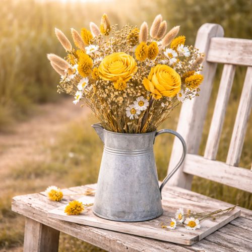 Artikel Tørret blomsterbuket med roser lavet af Sola-træ. Elegant buket til naturlig boligdekoration. 50 cm.