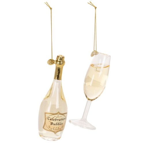 Champagneflaske og champagneglas vedhængssæt, juletræspynt, 14 cm, 2 stk.