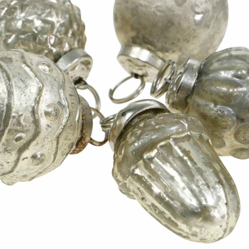 Floristik24 Mini træ dekorationer efterårs frugter og kugler perlemor, antik sølv ægte glas 3,4–4,4 cm 10 stk.