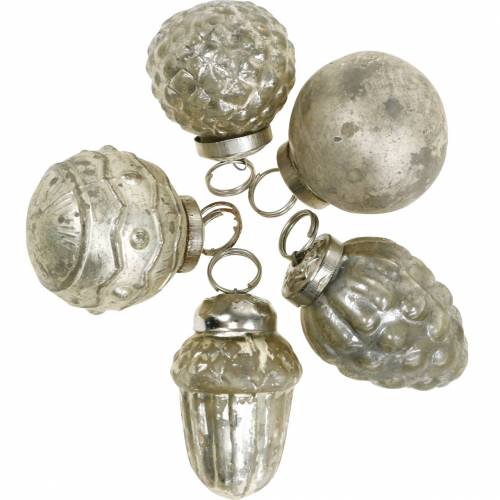 Floristik24 Mini træ dekorationer efterårs frugter og kugler perlemor, antik sølv ægte glas 3,4–4,4 cm 10 stk.