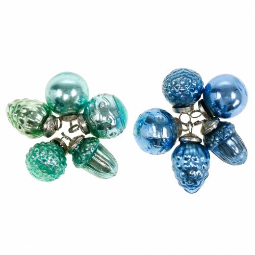 Floristik24 Mini træ dekoration blanding efterårs frugter og kugler blå/grøn, sølv ægte glas 3,4–4,4 cm 10 stk.