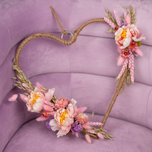 Floristik24 DIY kasse hjerte dekorationsløkke med pæoner og tørrede blomster pink 33cm