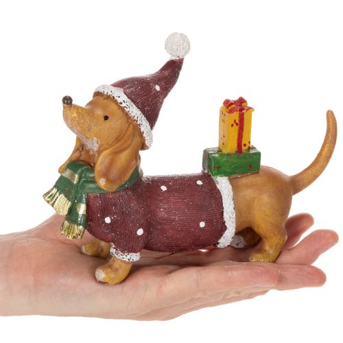 Dekorativ gravhundfigur med gaveæske og hat, 18 cm | Floristik24.dk