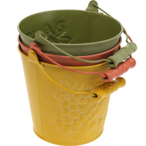 Artikel Dekorativ spand frugter vasket gul, orange, grøn Ø15cm H14cm sæt med 3 stk.