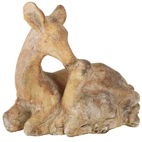 Dekorativ figur af hjort med fawn støbt sten brun hvid 20×11×17 cm