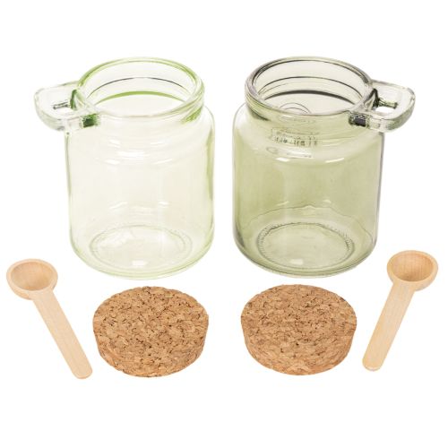 Dekorativt glas med korklåg og ske, grønt, Ø7 cm, H10 cm, 2 stk. | Floristik24.dk