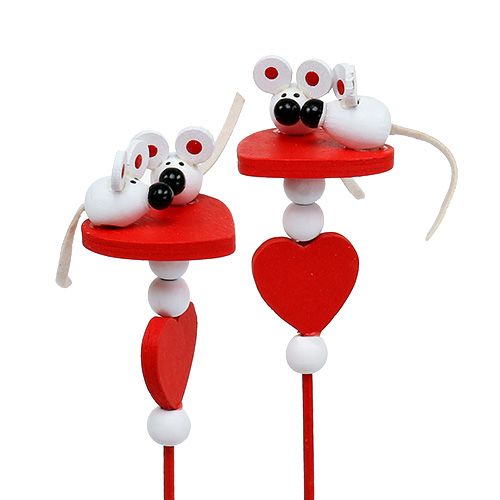 Artikel Dekorative hjerter med mus på pind rød 12stk