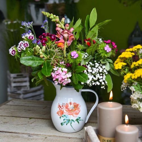 Floristik24 Dekorativ kande, blomstervase vintage look, emaljekande med rose motiv H19cm