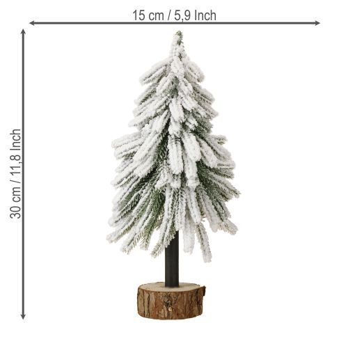 Floristik24 Dekorativt juletræ dækket af sne på en træbase Ø15 cm H30 cm