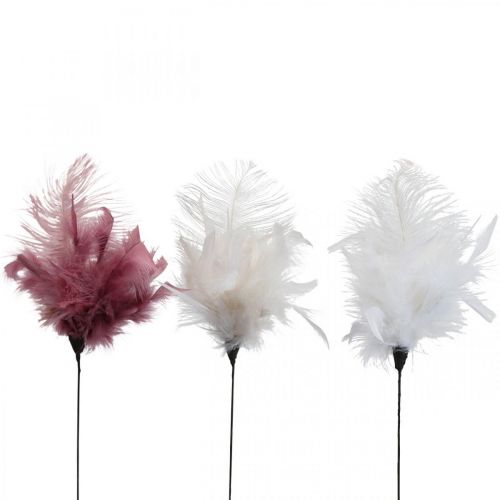 Artikel Dekorative fjer på pinden fuglefjer hvid/cremefarvet/dusky pink 3 stk.