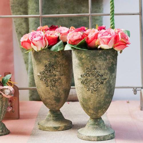 Floristik24 Dekorativ metalbæger med ornament mosgrøn, beige Ø16cm H31cm