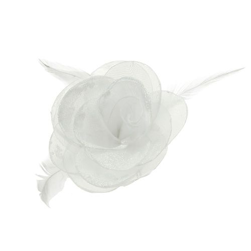 Floristik24 Dekorativ rose med fjer på klippet hvid 2stk