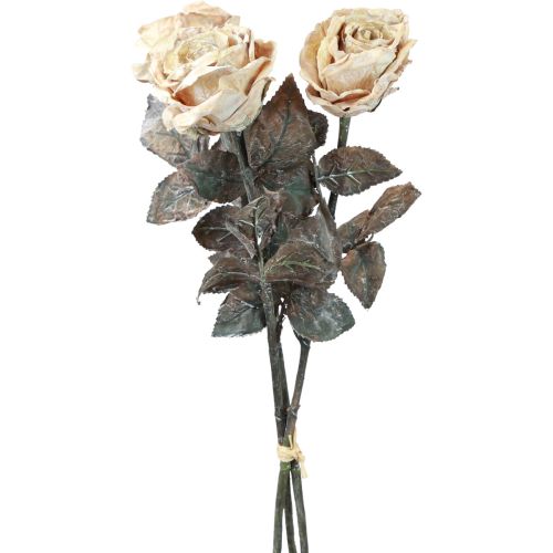 Dekorative roser Cremehvide kunstige roser Silkeblomster Antik look L65 cm Pakke med 3