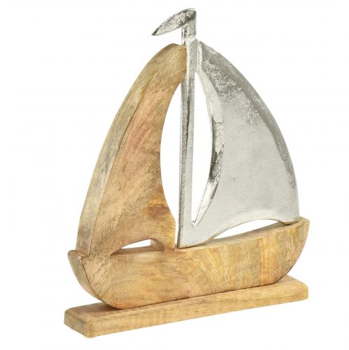 Dekorativt skibstræ metal sølv mangotræ 16,5x4x18,5cm