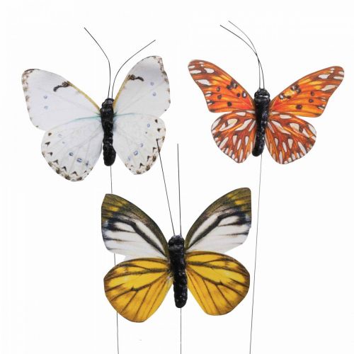 Artikel Deco sommerfugl på tråd farverig forårsdekoration 8cm 12stk