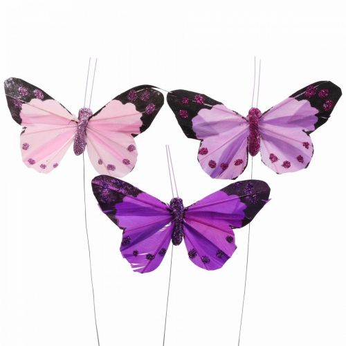 Artikel Deco sommerfugl på tråd fjer sommerfugle lilla/pink 9,5cm 12stk